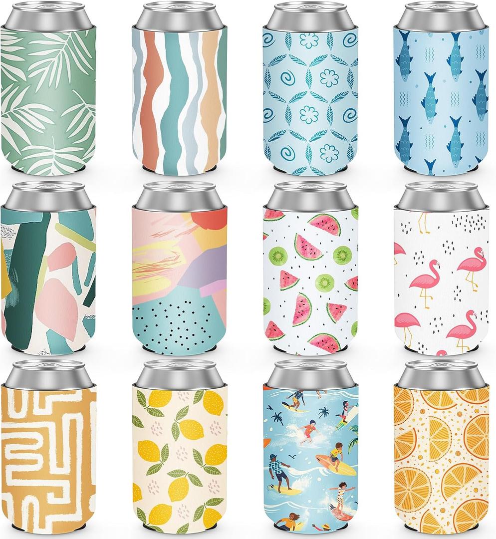 12 Pack Summer Can Cooler Sleeve Insulated Neoprene Can Coolers in Bulk, Beach Pool Bottle Can Drink Holder Party Decorations, Men Women Birthday Bachelorette Party Favor Gifts (Standard)