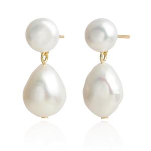 Handmade Freshwater Cultured White Baroque Pearl Dangling Drop Earrings for Women, 14K Gold Plated (No Diamond)