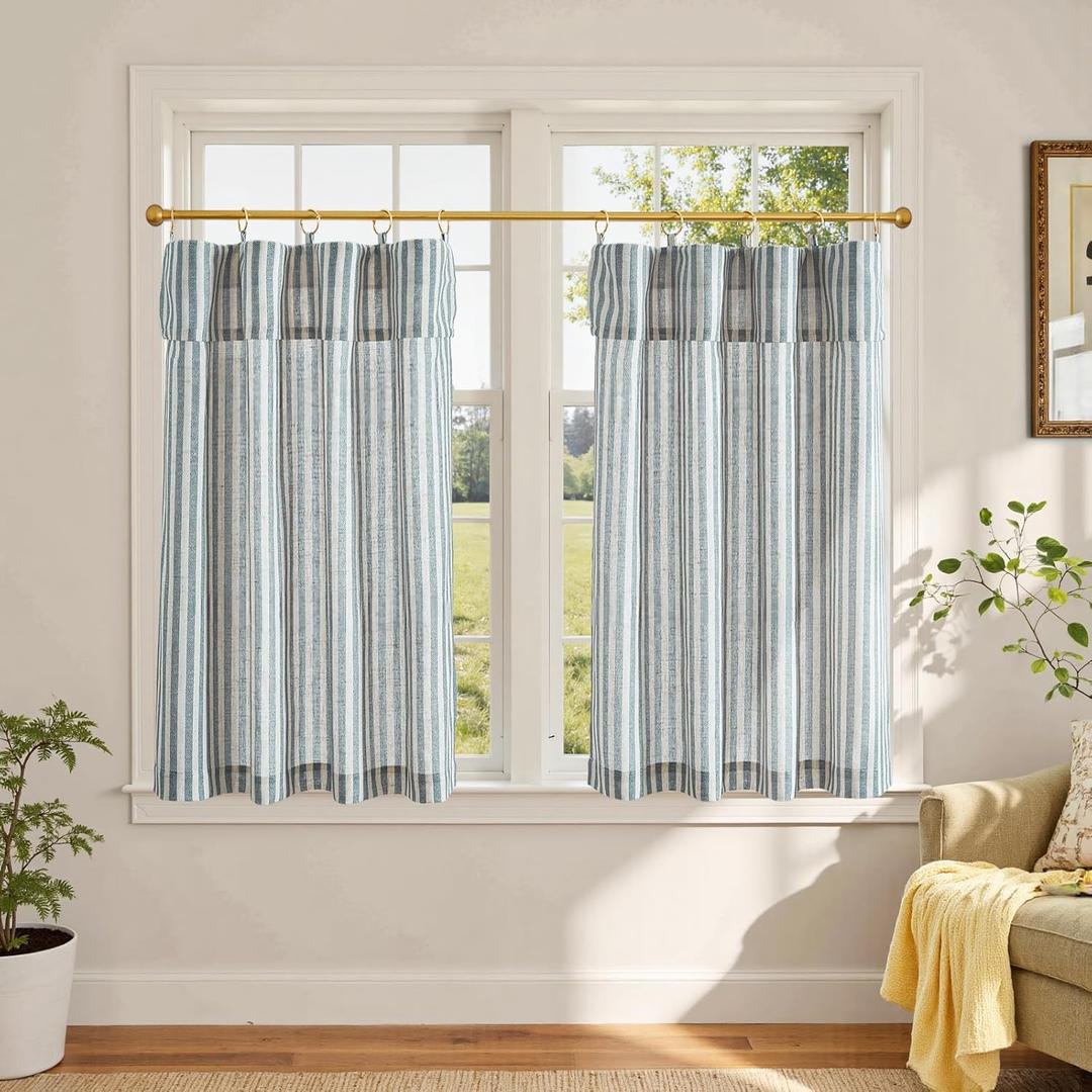 jinchan Striped Linen Kitchen Curtains with Attached Valance 36 Inch Length Cafe Tier Curtains for Living Room Rustic Half Window Light Filtering Rod Pocket Small Drapes 2 Panels Blue