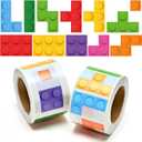 1000Pcs Block Stickers for Kids, 2 Roll Assorted Bricks Paper Self Adhesive Decal Peel and Stick Removable Toy Brick Lover Gift Birthday Party Supplies Bulk Decor Game