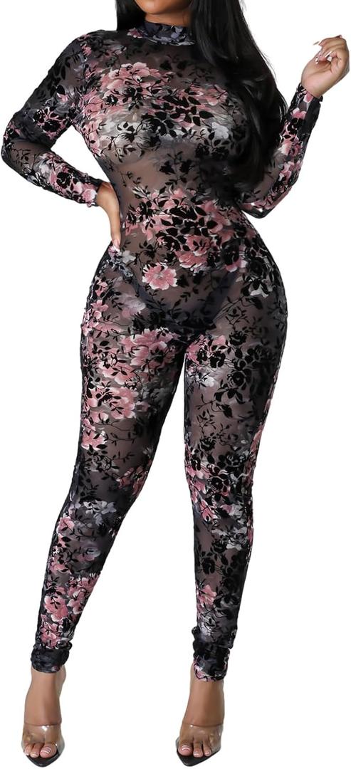 SxClub Clubwear Sexy Jumpsuit for Women Bodycon Long Sleeve See Through Long Skinny Pants for Evening Party (XX-Large, Black/Floral)