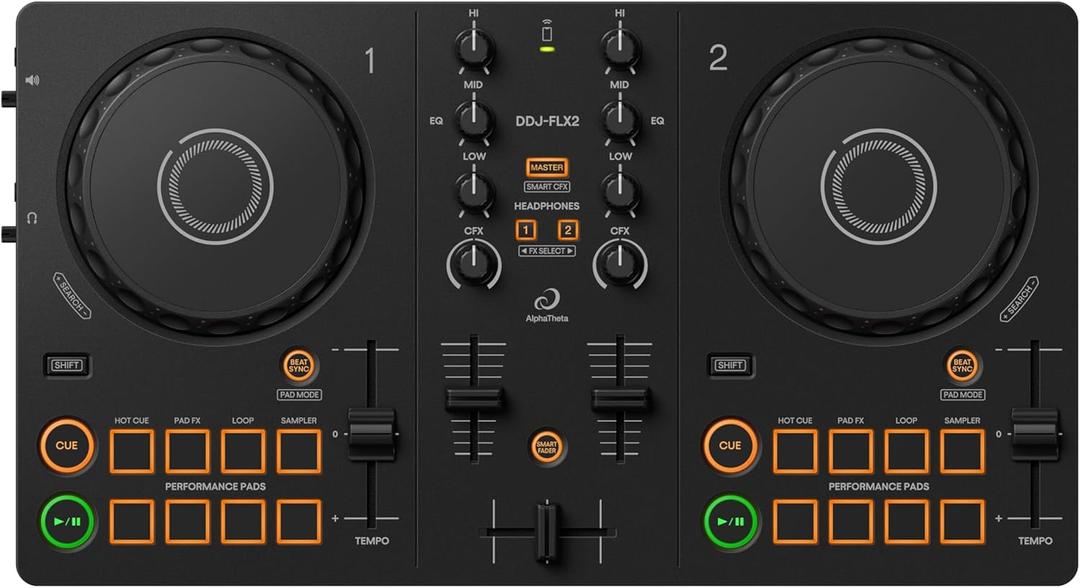 AlphaTheta/Pioneer DJ DDJ-FLX2 Beginner DJ Controller  Portable USB-Powered 2-Channel Controller with Professional Layout  Compatible with Music Streaming Services  Perfect for New DJs
