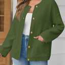 Saodimallsu Women's Chunky Knit Cardigan Button Down Crewneck Long Sleeve Cropped Sweater with Pockets (Green, XXL)