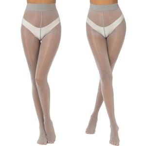 2 Pairs Shiny Pantyhose for Women High Waist Silk Oil Shimmer Sheer Tights (Large-X-Large, Grey)