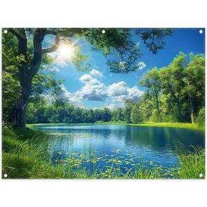 Fabric 8x6ft Lake Natural Scenery Backdrop River Forest Tree Blue Sky Bokeh Background Picnic Camping Hiking Spring Outdoor Party Decorations Photoshoot Banner Props