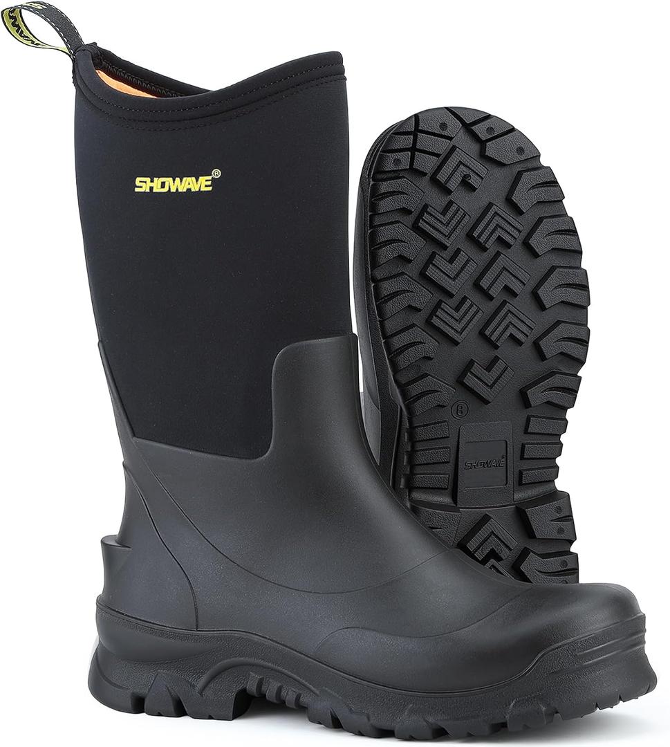 Showave Men's Rain Boots Mid Calf Mud Boot Waterproof Insulated Rubber Boots for Gardening Working and Outdoor Size 9