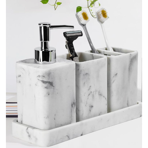 Bathroom Accessory Sets, 4 Pieces Bathroom Accessories Complete Set Vanity Countertop Accessory Set with Marble Look, Includes Lotion Dispenser Soap Pump, Tumbler, Toothbrush Holder and Tray