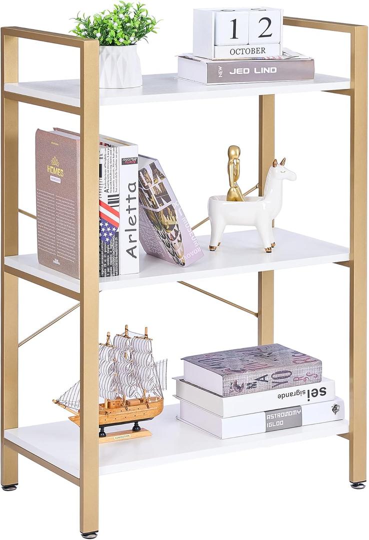 BEWISHOME 37.09" H 3 Tier Bookshelf, Modern Small Book Shelf for Small Spaces, White Gold Wooden Shelves for Bedroom Living Room and Home Office, 13.78" D x 24.12" W x 37.09" H, JCJ42M