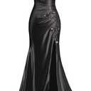 Lace Applique Satin Prom Dresses for Women 2026 Mermaid V Neck Ruched Spaghetti Strap Formal Evening Gown with Slit (4, Black)