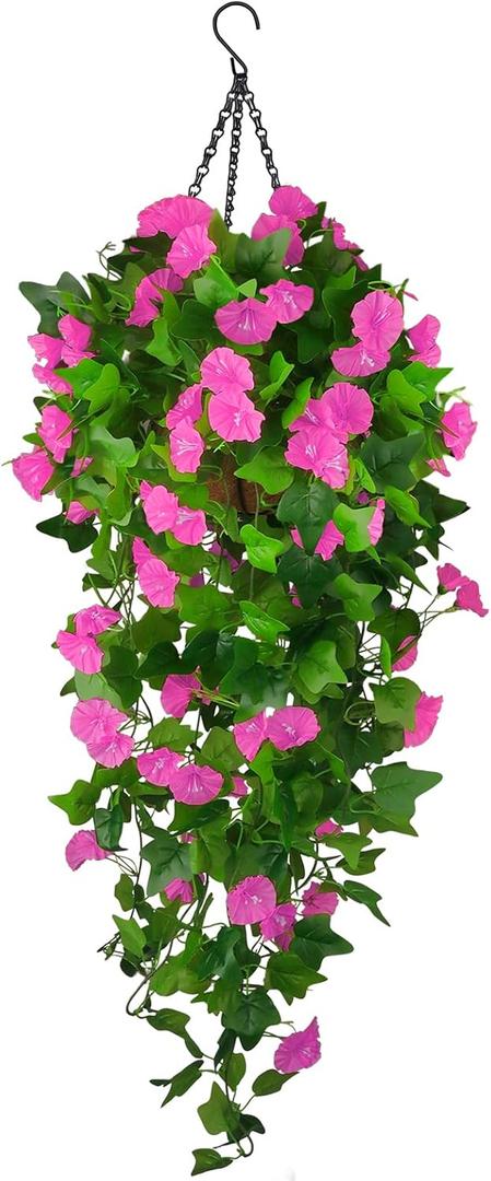 Artificial Fake Hanging Flowers Plants Basket for Spring Outdoor Outside Decoration, UV Resistant Faux Plastic Fabric Flower Morning Glory Wisteria Petunia for Garden Porch Patio Balcony Yard Decor (Pink)