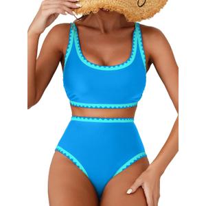 Herseas Women's Bikini Sets Floral Print Whip Stitch 2 Piece Swimsuits High Waisted Scoop Bathing Suits (Blue, M)