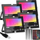 RGB Outdoor LED Flood Light 50W Color Changing Floodlights Spotlights Landscape Lighting Fixture Waterproof Landscaping Spot Light for Yard Garden Driveway Pathway Garden IP66 Waterproof (4 Pack) (Remote 4 Pack with Ground Stakes)