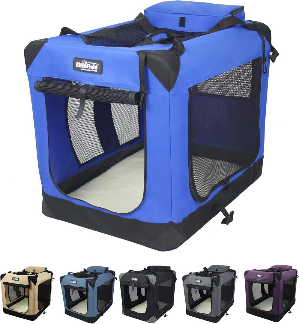EliteField 3-Door Folding Soft Dog Crate, Indoor & Outdoor Pet Home (42" L x 28" W x 32" H, Royal Blue)