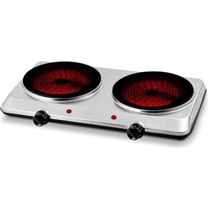 OVENTE Countertop Infrared Double Burner, 1500W Electric Hot Plate and Portable Stove with 7.5 Ceramic Glass Cooktop, 6 Level Temperature Setting and Easy to Clean Base, Silver BGI202S