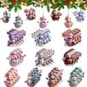 2 x Christmas Snowman Ornaments Set, 30 Pieces, Wood Holiday Tree Decorations, Purple Blue White Design with Signs