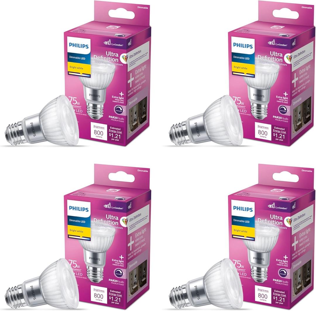 PHILIPS LED 75W PAR20 4-Pack Ultra Definition Bright White (3000K) 800 Lumen (10W = 75W) Dimmable Frosted Flicker-Free Light Bulbs