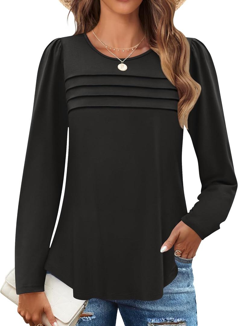 ZESICA Women's Fashion Long Sleeve Shirts 2025 Dressy Casual Blouses Trendy Pleated Tunic Tops (XL)