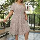 Nemidor Womens Plus Size Summer Midi Dress Casual Tiered Floral Print Beach Swing Boho Dresses with Pocket 16-26 (Beige)