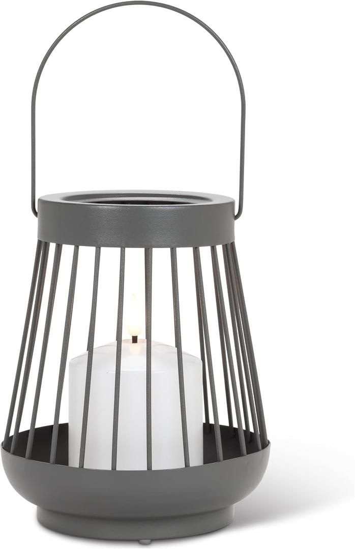 Abbott Collection Spoke Lantern with LED Candle | Built-In Flameless Glow, IP44 Weather-Resistant, 6-Hr Timer, 2 AA Batteries, 200+ Hr Runtime, Gray, 7"H