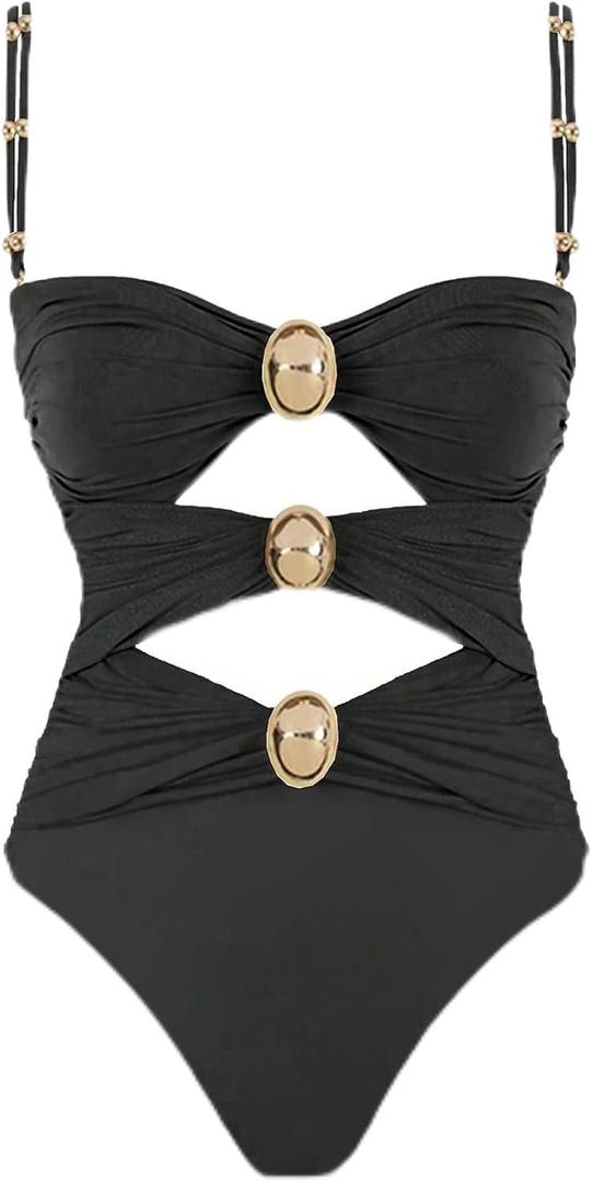 QJQ Women's One Piece Swimsuit Tummy Control Cut Out Color Block Adjustable Straps Slimming Bathing Suit (Large, Black)