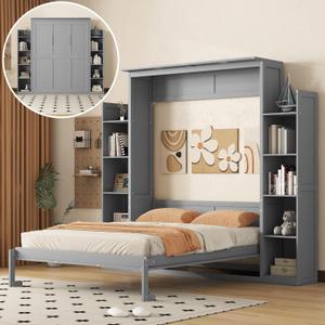 Harper & Bright Designs Queen Size Murphy Bed with Storage Shelves and LED Lights, Easy Fold Wood Wall Bed Frame, Gray Cabinet Queen Storage Bed for Guest Room Home Office