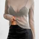 Pink Queen Women's Mesh Sheer Tops Sexy See Through Mandarin Collar FIt Party Clubwear Shirts (Gray, L)