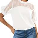 PRETTYGARDEN Women's 2025 Summer Crew Neck Short Sleeve Shirts Lace Going Out Sheer Mesh Crop Tops Dressy Casual Blouses (White, M)