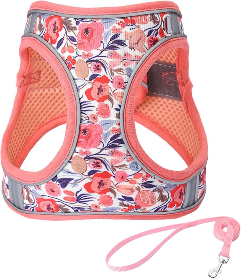 M Peach Flower Pattern Dog Harness and Leash Set,No Escape Puppy Harnesses for Training WalkingBreathable Adjustable Puppy Vest for Dogs, Cats (Peach, M)