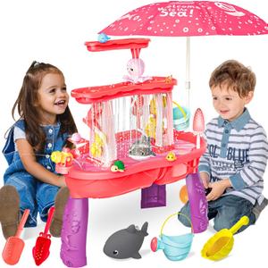 BELLOCHIDDO Water and Sand Table with Water Pumb & Umbrella - Summer Toys 3-Tier Kids Water Play Table, Outdoor Beach Toys with Cute Accessories (Pink)