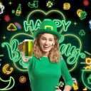 St. Patrick's Day Happy Birthday Backdrop Neon St. Patrick's Day Birthday Photography Background Ceremony Party Holiday Decoration (7x5ft)