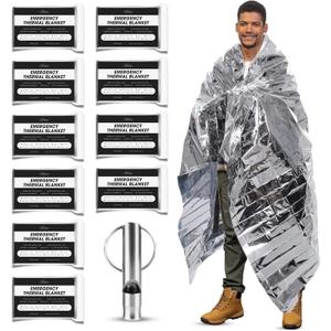 CloudTen Premium Quality Emergency Blanket Bundle | 10 Tear Resistant Blankets Plus Emergency Whistle | Reusable Emergency Mylar Blankets for Survival Gear and Supplies or Camping Essentials