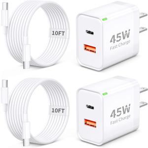 45W iPhone 17 Fast Charger, 2 Pack 45W 2-Port Type C Wall Charger Block with 10FT Long USB-C to C Cable Fast Charging for iPhone 17/17 Pro/17 Pro Max/Air/16/15/Pro Max/Plus, iPad Pro/Mini/Air