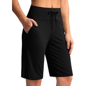 G Gradual Women's Bermuda Shorts with Pockets 11" Knee Length Stretch Comfy Drawstring Long Shorts for Women Summer Walking (Black, L)
