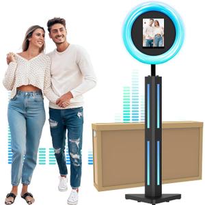 Photo Booth Compatible with Ipad 12.9in 11in 10.9in 10.2in, Photo Booth Machine with ChackTok PhotoBooth VIP Member, Ring Light, Selfie Photo Booth for Parties,Wedding and Events, Black-Light Bar-Honeycomb Case