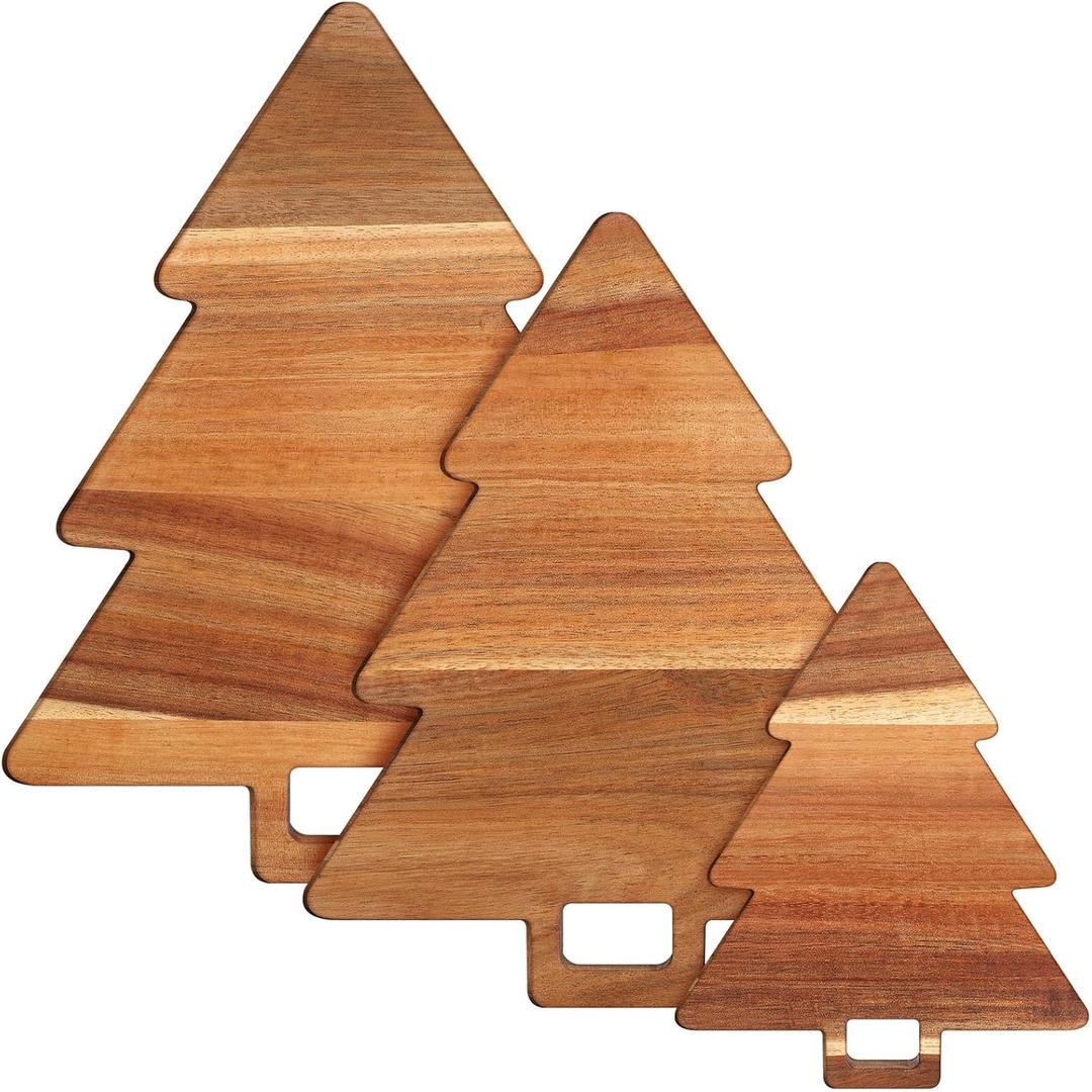3 Pieces Christmas Kitchen Cutting Board Set with Handles Organic Acacia Kitchen Accessories Chopping Board Christmas Tree Shaped Charcuterie Board for Vegetables Fruit Salad Holder, 3 Sizes