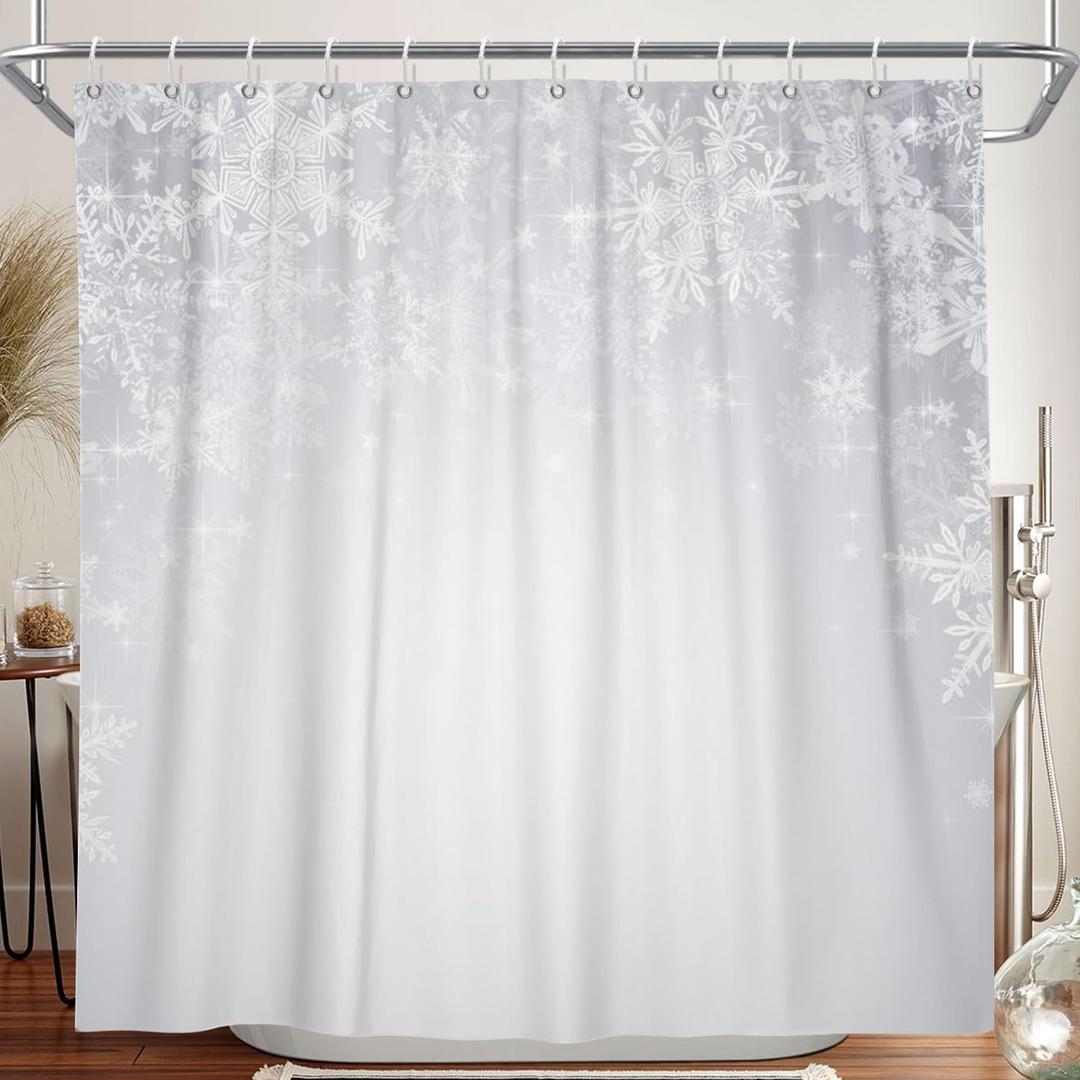 Winter Holiday Shower Curtain Christmas Theme White Sparkle Snowflakes Bathroom Curtain 72x72 Inch Polyester Fabric Waterproof with Hooks