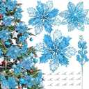 36Pcs Glitter Poinsettia Flowers Berries Stems Ornaments Kit, 24Pcs Artificial Flowers with Clips and 12Pcs Berry Picks Floral Decorations for Christmas Tree Wreath Fireplace Xmas Party Decor (Blue)