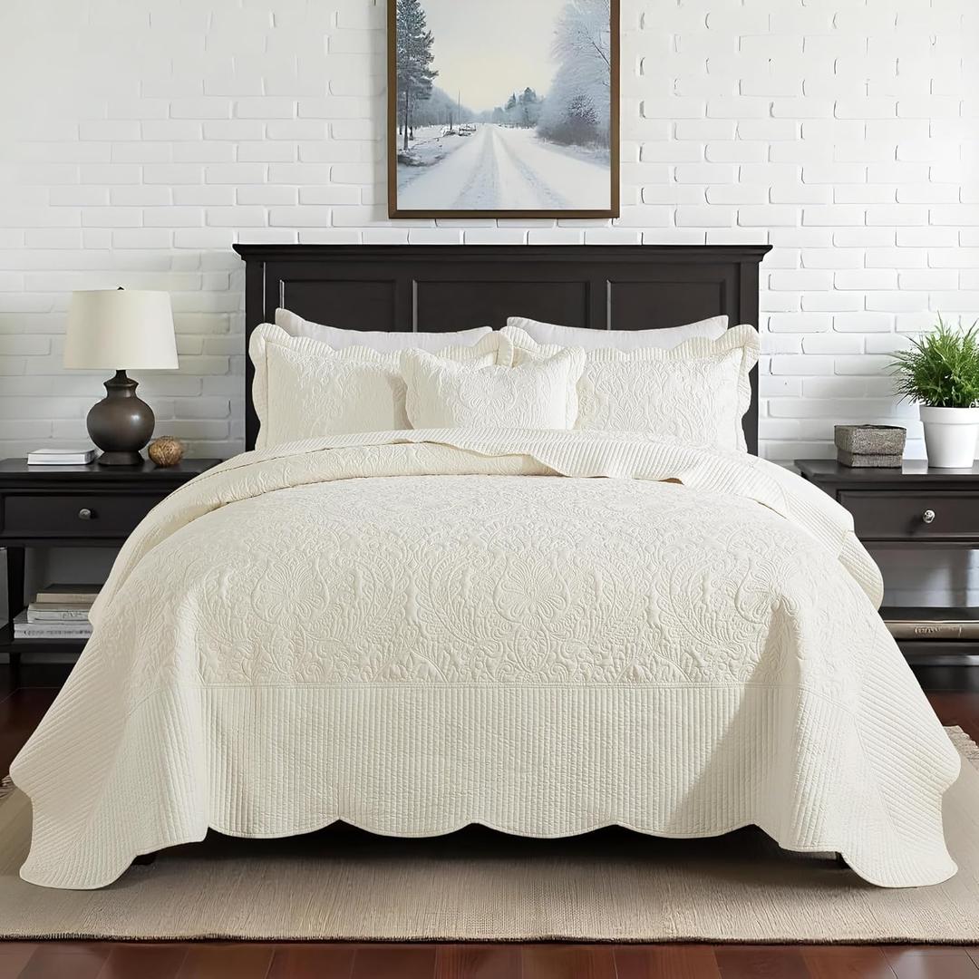 HoneiLife Oversized King Bedspreads 128x120 - California King Quilts 4-Piece, Cal King Quilt Sets,Rustic Bedding Sets King Size,Reversible Coverlets Lightweight Bedlinen Set for All Season Use-Beige