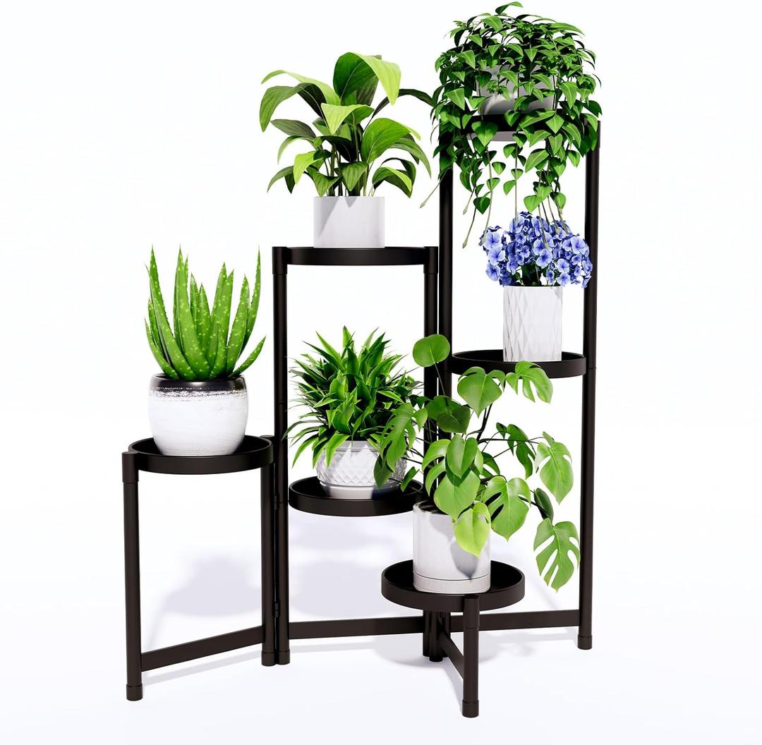6-Tier Metal Plant Stand Indoor Outdoor - Corner Tall Plant Shelf for Multiple Plants, Foldable Heavy Duty Plant Holder - Decoration flower Stand for House Living Room Balcony Garden Patio - Black