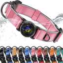 WhoseID AirTag Dog Collar, Waterproof Reflective Leather Dog Collar with AirTag Holder and Magnetic Buckle, Heavy Duty Pet Collar for Small Medium Large Dogs, Pink
