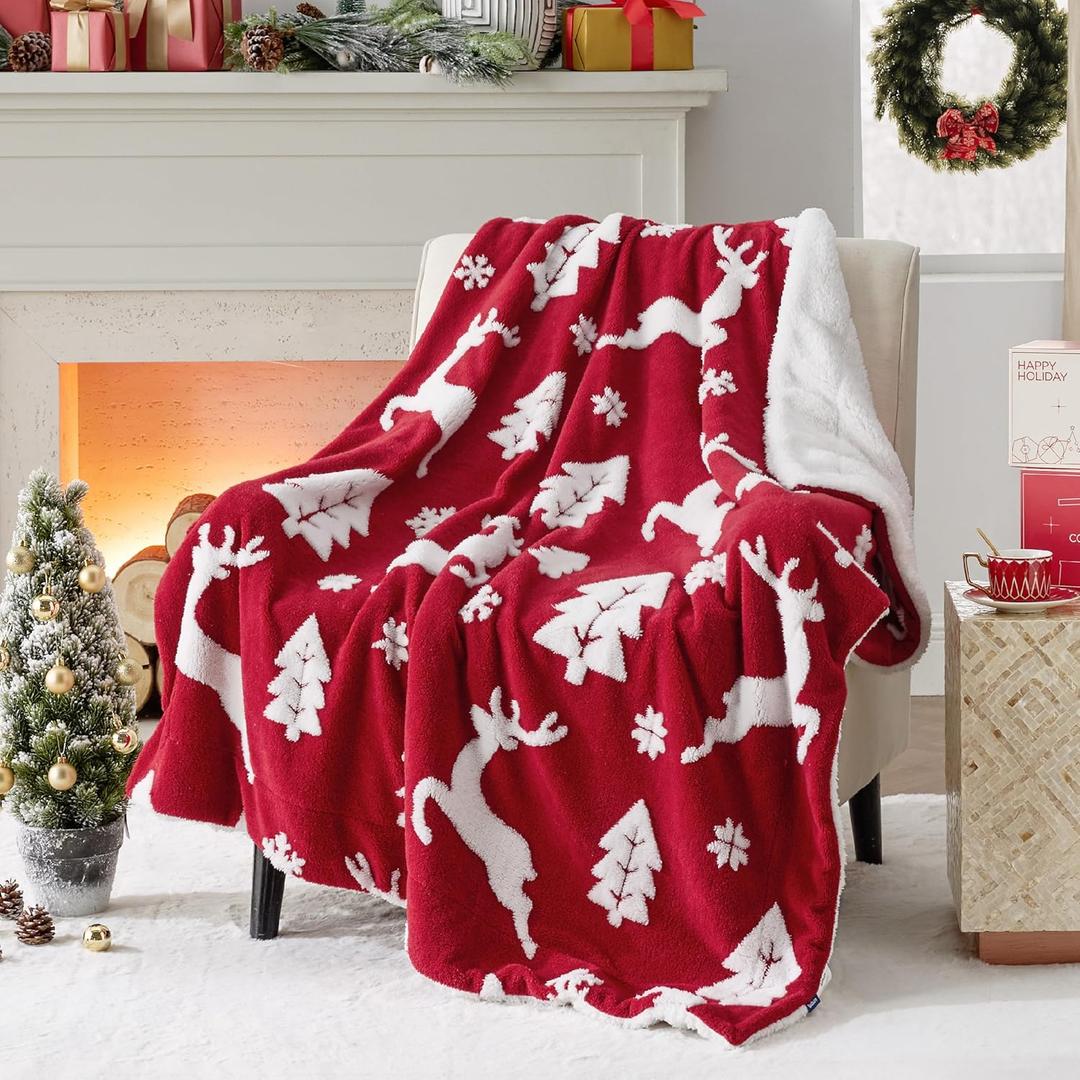 Bedsure Christmas Throw Blanket for Couch - Christmas Decorations Gifts for Women, Warm Sherpa Deer Throw Blanket, Red 50"x60"