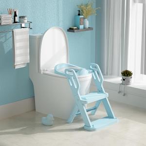 Toddler Potty Training Toilet Seat-Alongside Foldable Potty Train Chair Adapter, Potty Seats with Steps Ladder for Toddlers Kids, Boys, Girls, Child, Baby, and Must-Haves Portable Step Stool Supplies (Blue)