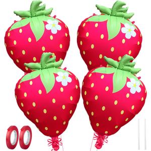 Strawberry Balloons 18" 4Pcs - Foil Balloons for Strawberry Birthday Decorations & Baby Shower Decorations, Durable foil Balloon Arch Kit, Vibrant Strawberry Themed Party (Style-2, 4)