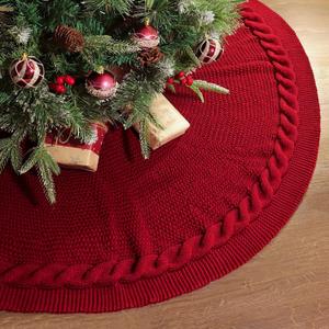 36 Inch Christmas Tree Skirt, Chunky Rustic Twisted Woven Round Tree Skirt with Tie Closure for Family Gatherings, Holiday Parties, Christmas Decorations (Red)