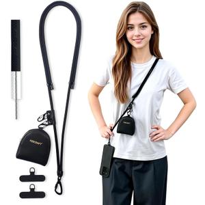 Cell Phone Lanyard Crossbody, Anti Theft Phone Strap, with Steel Wire & Lock, Clip and Go Strap for Phone with Wallet Crossbody, Travel Essentials, Commuting, Daily Convenience, Black