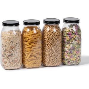 Novelinks 64 oz Large Plastic Jars with Metal Lids - 4 Pack BPA-Free Clear Storage Containers for Pantry, Pickles, Sauces, Flour, Snacks - Leak-Proof Airtight Food Grade Jars for Kitchen (Black)