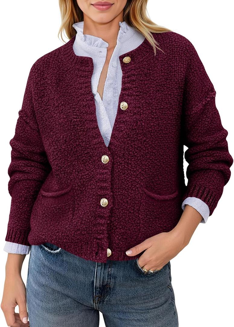 Saodimallsu Women's Chunky Knit Cardigan Button Down Crewneck Long Sleeve Cropped Sweater with Pockets (S)