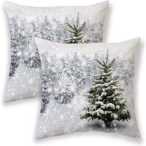 AGAYNA Winter Pillow Covers 18x18 White Snowflake Tree Decor Throw Pillows Case for Couch Christmas Indoor Outdoor Decorative Cushion Cases for Sofa Bed Decorations Set of 2