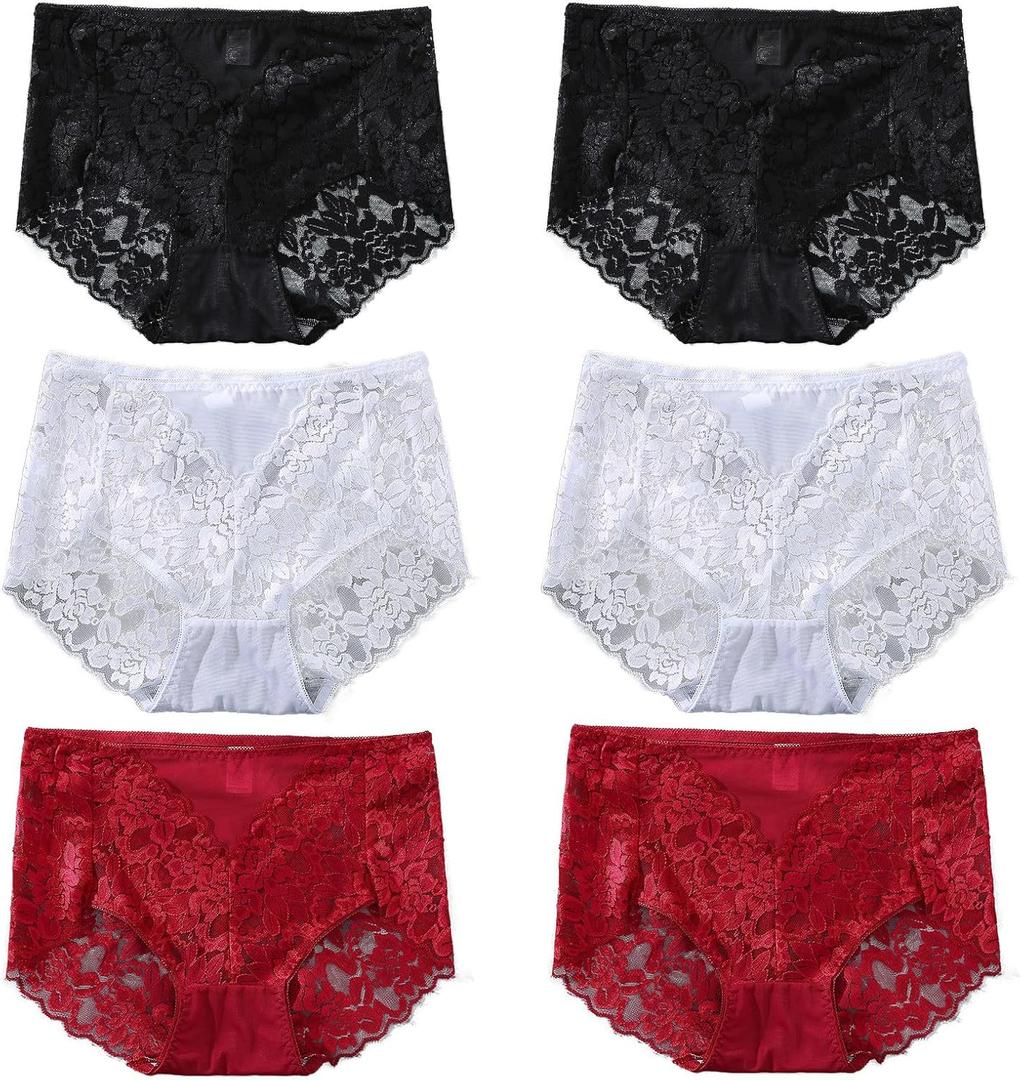 Sexy High Waisted Underwear for Women Plus Size Briefs Breathable Lace Panties High Waisted Cheekster Granny Panties (XX-Large Plus, 6pcs-black/Red/White)