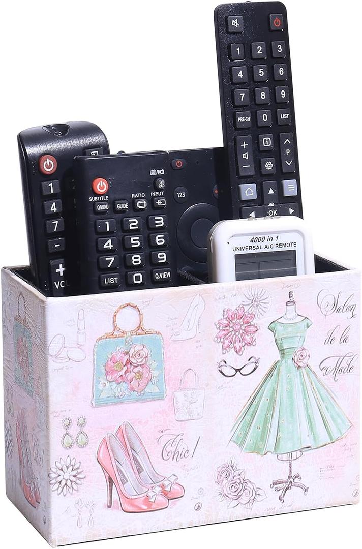 Decorative Remote Control Holder, Leather TV Remoter Caddy Storage Box Desktop Organizer Makeup Brush Pen Holder Storage Fits TV Remotes, Media Controllers, Office Supplies (Dress Pattern)